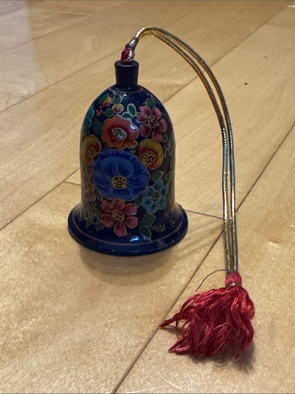 Hand-Painted Hanging Paper Mache Blue Floral Decorative Bell with Red Tassel
